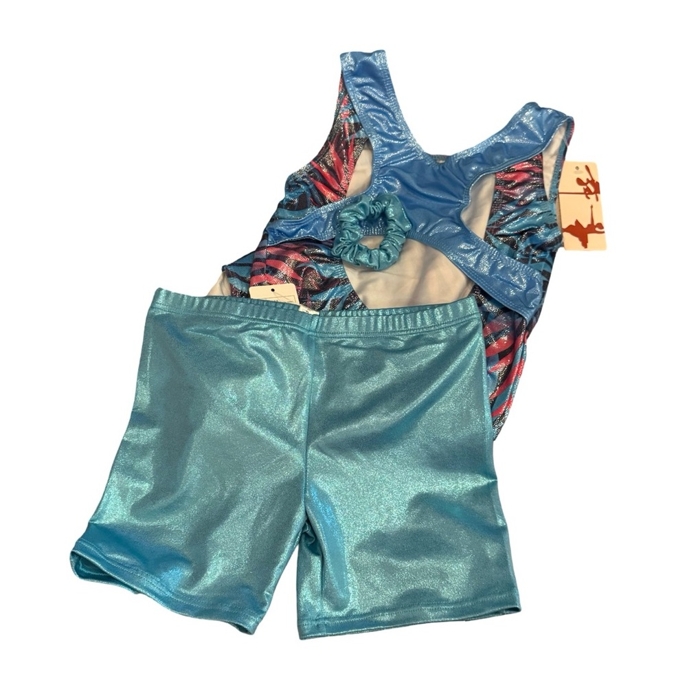 Shiny Blue & Pink Gymnastics Dance Set Size 12A Body Suit / Shorts / Scrunchie